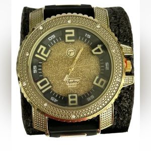 Techno Pave Men Wristwatch Black Rubber Band Sport Quartz Big Face Watch